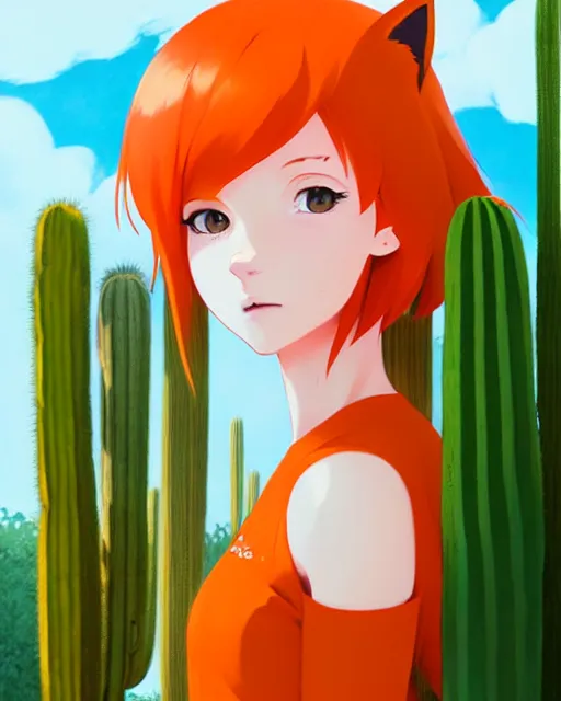 Image similar to portrait of cute redhead foxgirl in orange jumpsuit with fox ears by ilya kuvshinov, holding a cactus, cloudy sky background lush landscape illustration concept art anime key visual trending pixiv fanbox by wlop and greg rutkowski and makoto shinkai and studio ghibli