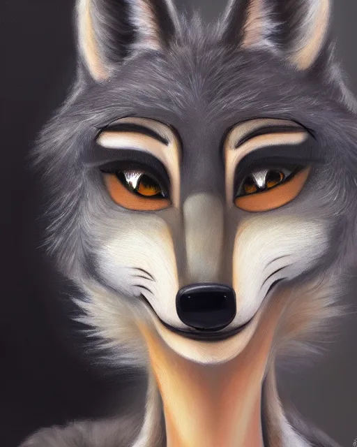 Image similar to oil painting of anthromorphic female wolf, in style of zootopia, female fursona, furry, furaffinity, 4 k, deviantart, furry art, fursona art, wearing black business suit, business suit, wolf fursona, female, very expressive detailed feminine face,