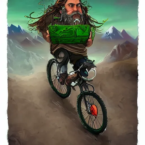 Image similar to a bearded and long haired bicycle food delivery worker with a green bag on his back in ireland, he has boots, hearthstone art style, epic fantasy style art by kim jung gi, fantasy epic digital art