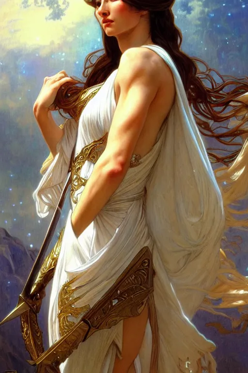 Image similar to painted portrait of artemis fully armored, greek god, feminine, powerful, beautiful, upper body, white robe, muscular, fantasy, intricate, elegant, highly detailed, digital painting, artstation, concept art, smooth, sharp focus, illustration, art by gaston bussiere and alphonse mucha