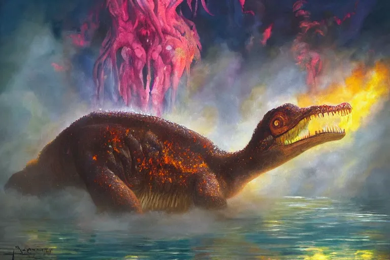 Prompt: highly detailed oil painting of a! tyrannosaurus ( ( mushroom ) ) in a steaming colorful hotspring, featured on artstation