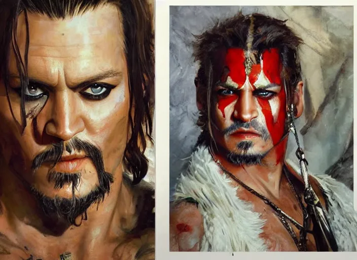 Image similar to a highly detailed beautiful portrait of johny depp as kratos, by gregory manchess, james gurney, james jean