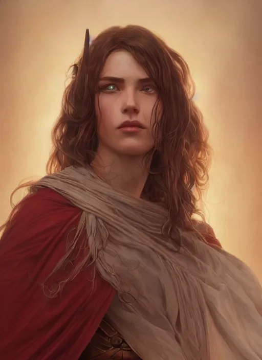 Image similar to vertical portrait of a ruggedly handsome female cleric, soft hair, close - up face, leather, witchy, d & d, fantasy, intricate, elegant, highly detailed, digital painting, artstation, concept art, smooth, sharp focus, illustration, art by artgerm and greg rutkowski and alphonse mucha, plain red background