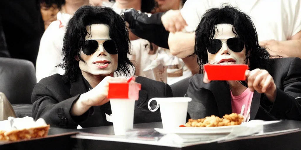 Image similar to michael jackson 2 0 0 9 wearing shades, this is it style, photo real, pores, motion blur, eating kfc on a sofa, by himself, real life, spotted, ultra realistic face, accurate, 4 k, movie still, uhd, sharp, detailed, cinematic, render, modern