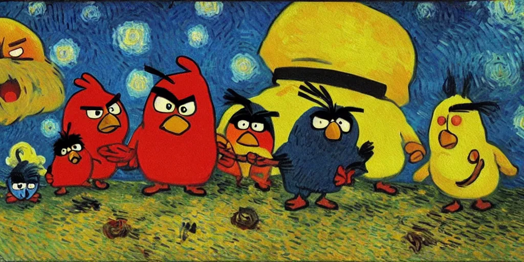 Image similar to An oil painting of the angry birds, by Van Gogh