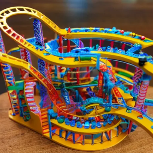 Image similar to a miniature rollercoaster made entirely of various candy and candies