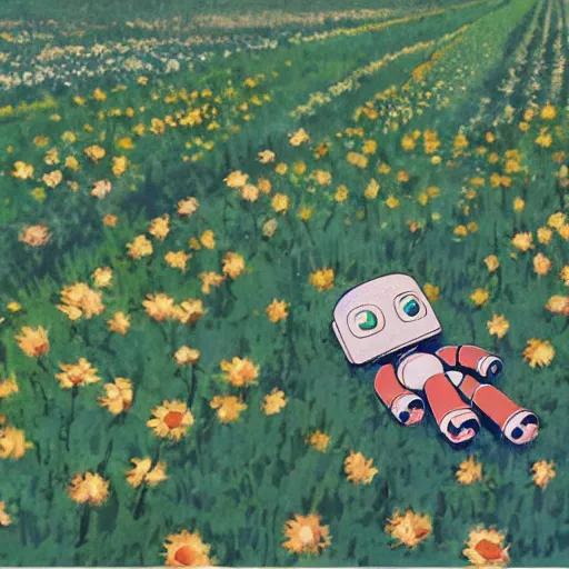 Image similar to a little robot lying in a flower field, painted by studio ghibli