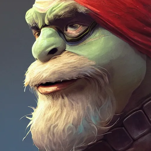 Image similar to teenage mutant ninja turtle, michelangelo, old, white beard, wrinkles, handsome, portrait, profile, intricate, detailed, volumetric lighting, scenery, digital painting, highly detailed, artstation, sharp focus, illustration, concept art, ruan jia, steve mccurry