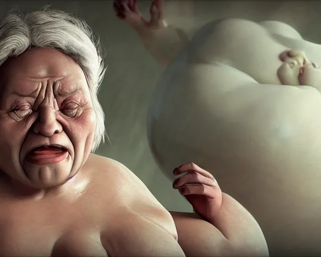 Prompt: of a very beautiful scene. ambient occlusion render. a sweet fat old woman is giving birth to her self as a sweet baby. hyper realistic. 4 k. wide angle. wild. symmetrical face, red mouth, blue eyes. deep focus, lovely scene. ambient occlusion render. concept art. unreal engine.