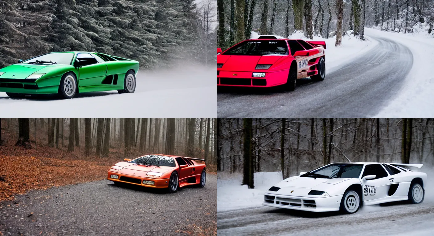 Prompt: a 1 9 9 7 lamborghini diablo sv, racing through a rally stage in a snowy forest