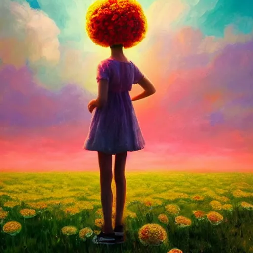 Prompt: head made of carnations flower, girl standing in a vast flower field, surreal photography, sunrise dramatic light, impressionist painting, colorful clouds, large sky, digital painting, artstation, simon stalenhag, flower face