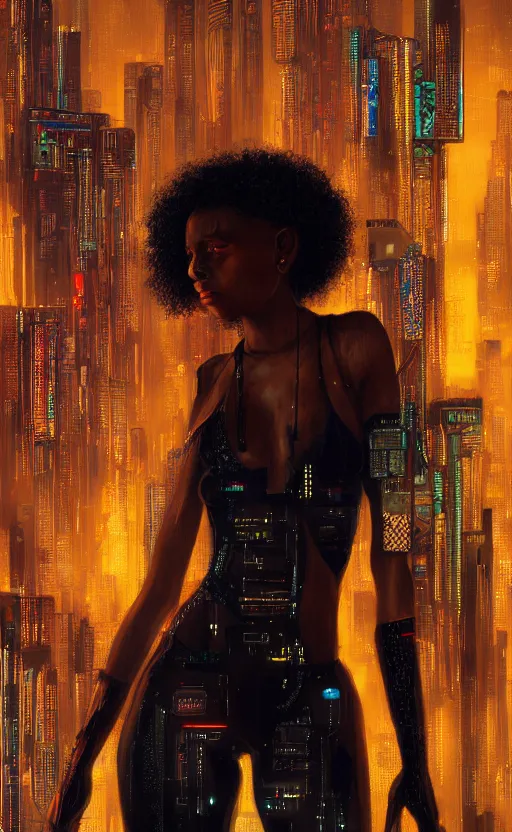 Image similar to a beautiful young Black woman, cyberpunk, Blade Runner city background, highly detailed, artstation, illustration, art by Gustav Klimt, 8K