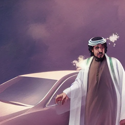 Image similar to saudi arab man smoking in a car, anime digital art in the style of greg rutkowski and craig mullins, 4 k