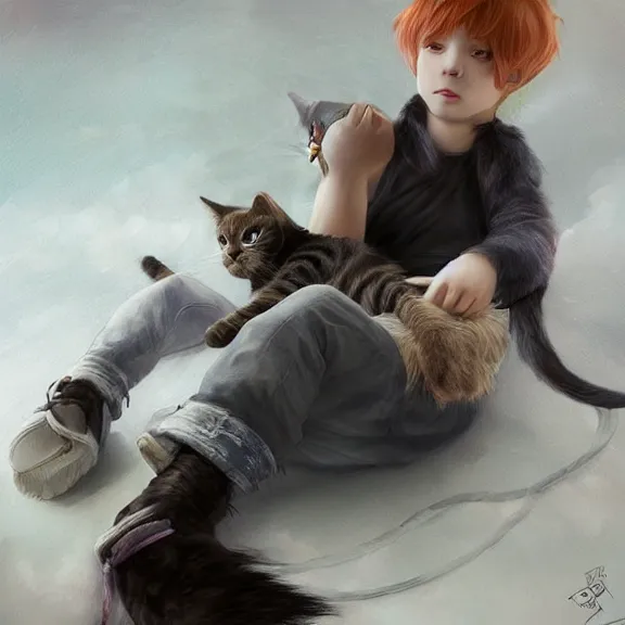 Prompt: boy with cat ears and cat tail resting on the floor, fantasy artwork, award winning, very very very very very very very very beautiful, trending on artstation.