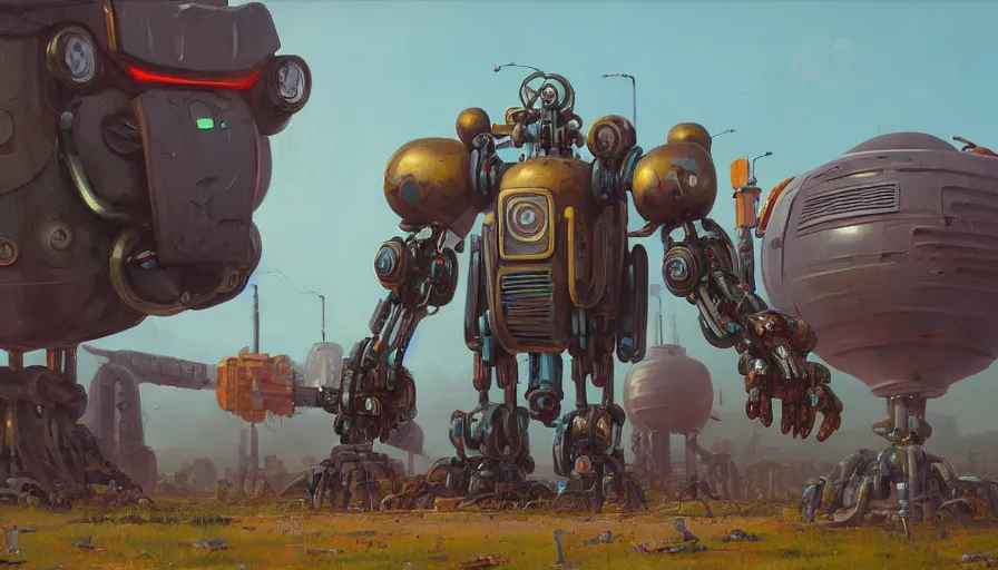 Image similar to an intricate oil painting of a giant scrap metal anime mecha with rounded components by simon stalenhag