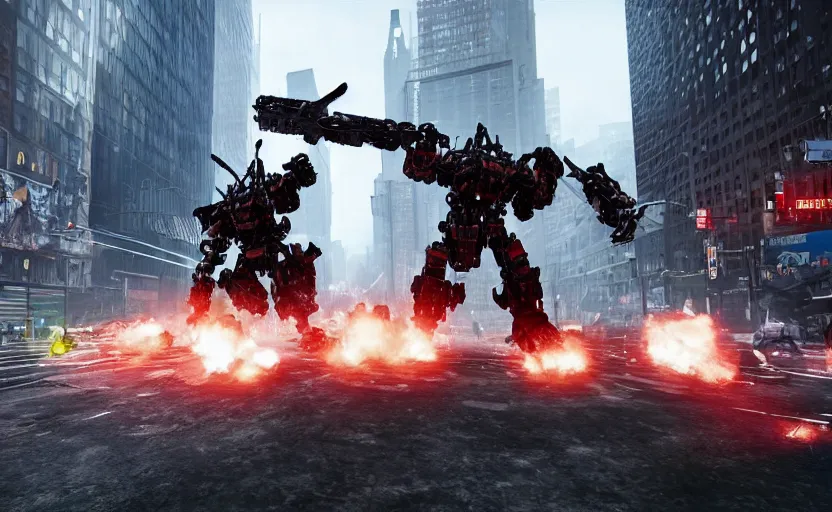 Prompt: an epic fight between two gigantic weaponized mechs in the middle of new york city, epic, cinematic, realistic, raytracing, 4 k, destructive, awesome, stunning