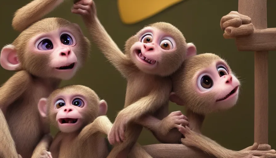 Prompt: very very very cute baby monkeys by Max Kostenko and Bobby Chiu, disney, pixar, MPC, Framestore, character design for animation, uplight, a lineup of characters, big disney eyes, symmetrical eyes, cuteness, 3d render, octane rendered, rendered by maya and houdini, highly detailed, unreal engine, Trending on Artstation, octane render, 4k, 8k, HD