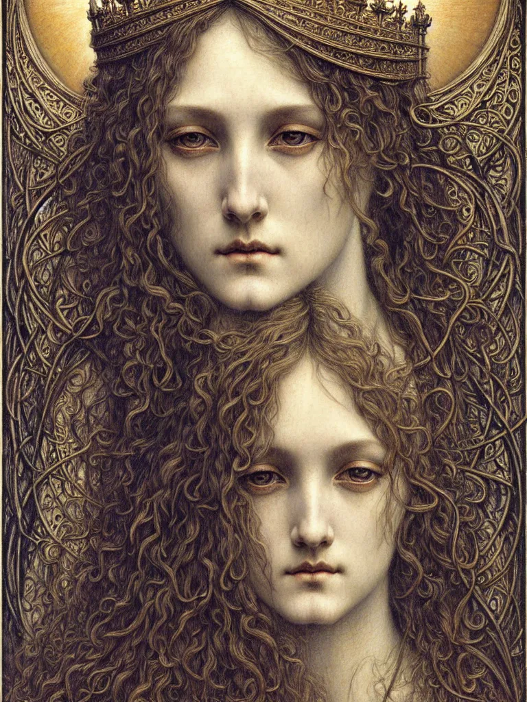 Image similar to detailed realistic beautiful young medieval queen face portrait by jean delville, gustave dore and marco mazzoni, art nouveau, symbolist, visionary, gothic, pre - raphaelite. horizontal symmetry