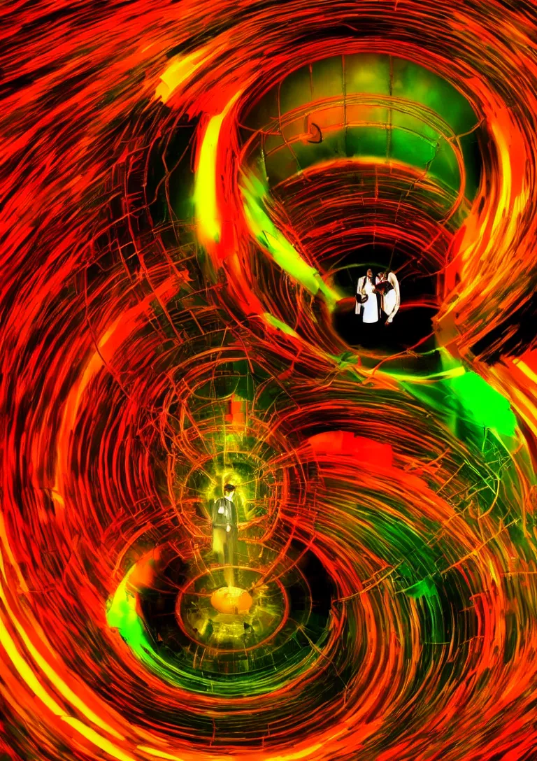 Image similar to Behind the troubled indecisive man was The portal into his imagination containing a swirling vortex of memories and ideas. High concept art. Introspective. Red orange yellow green themed.