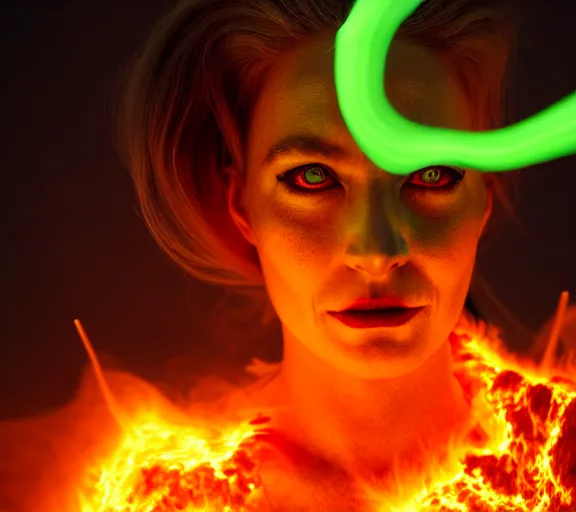 Image similar to portrait of a woman with horns made of flames and glowing green eyes, in the wisps of thick smoke, looking into the camera, studio photography, studio lighting, realistic render, octane render, 4 k, 8 k, face in focus