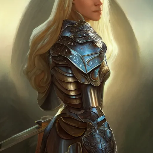 Prompt: fantasy RPG symmetrical portrait, centered shoulders up view, young blonde woman, blonde hair, blue eyes, iron plate armour, pale skin, 4k, by Marc Simonetti, highly detailed, soft lighting 8k resolution