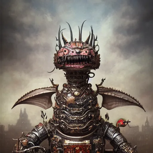 Prompt: portrait of tin toy fuzzy kaiju moth dragons wearing armour in victorian london, nicoletta ceccoli, mark ryden, lostfish, hyung tae, frank frazetta, depth of field, detailed and intricate gothic environment, 8 k resolution, hyperrealistic, octane render