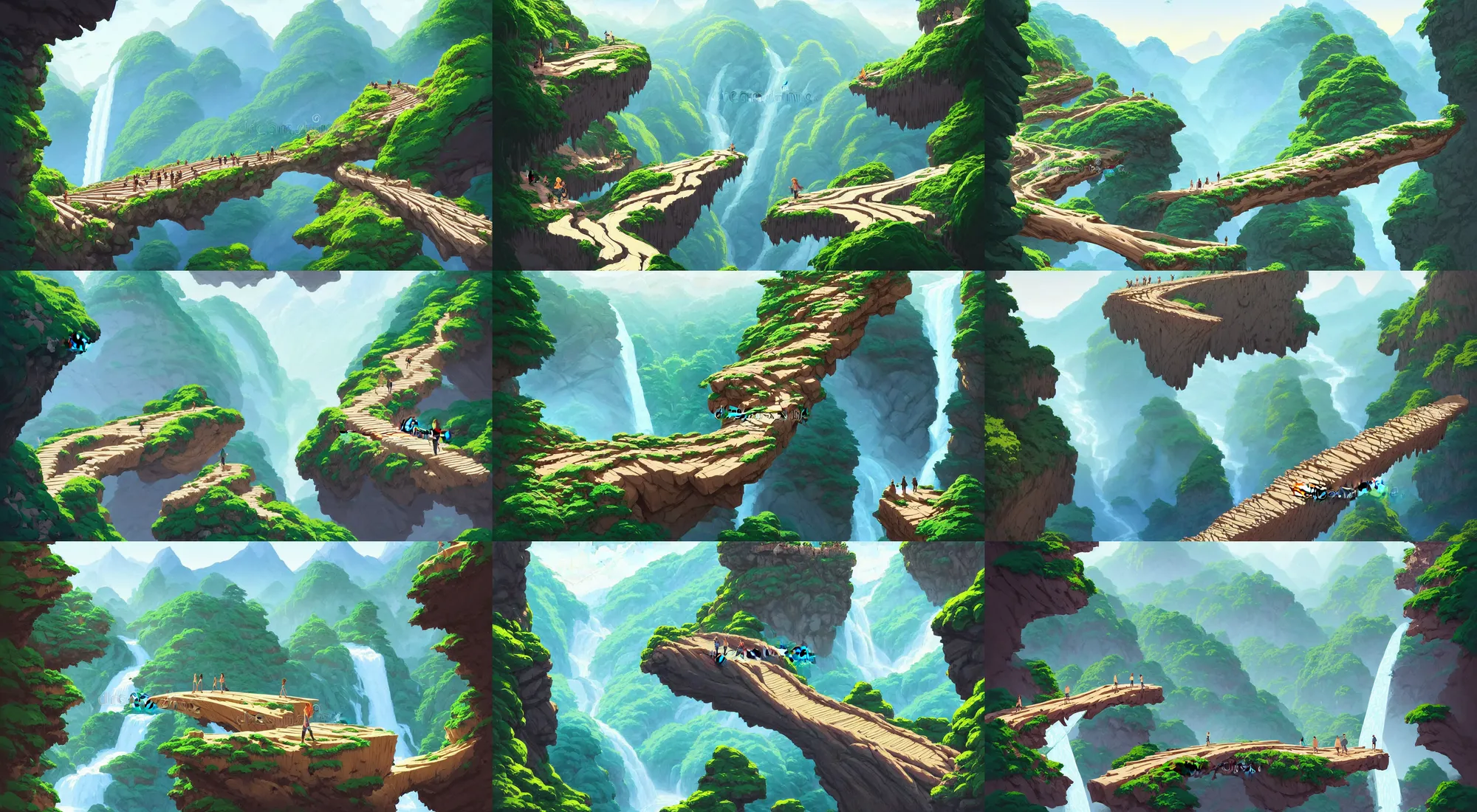 Prompt: Log bridge between mountains above cliff in rock peaks landscape with waterfall and trees, vector illustration, in marble incrusted of legends heartstone official fanart behance hd by Jesper Ejsing, by RHADS, Makoto Shinkai and Lois van baarle, ilya kuvshinov, rossdraws global illumination