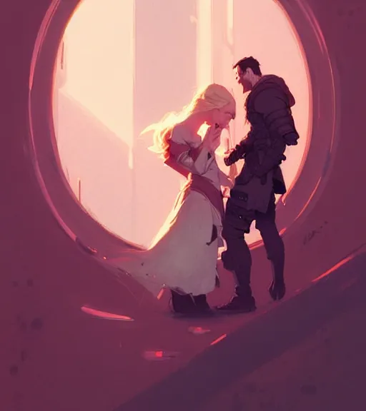 Prompt: portrait of cullen kissing dany by atey ghailan, by greg rutkowski, by greg tocchini, by james gilleard, by joe fenton, by kaethe butcher, dynamic lighting, gradient light pink, brown, blonde cream and white color scheme, grunge aesthetic