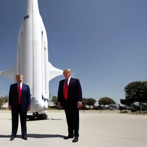 Image similar to trump standing underneath starship rocketship