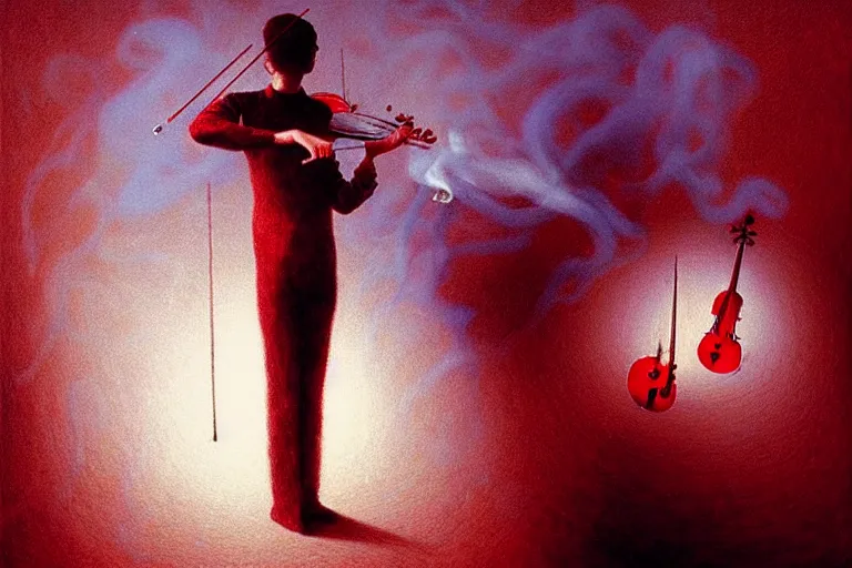 Prompt: surreal concept of the mystery musician with colored smoke playing a violin, in the style of rafał olbinski, in the style of beksinski, intricate and epic composition, red by caravaggio, insanely quality, highly detailed, masterpiece, purple light, artstation, 4 k