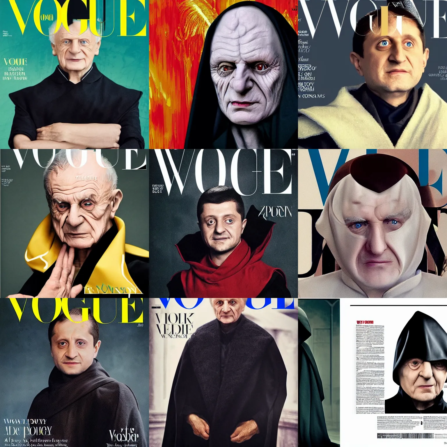 Prompt: Volodymyr Zelensky as Emperor Palpatine on the cover of the Vogue magazine