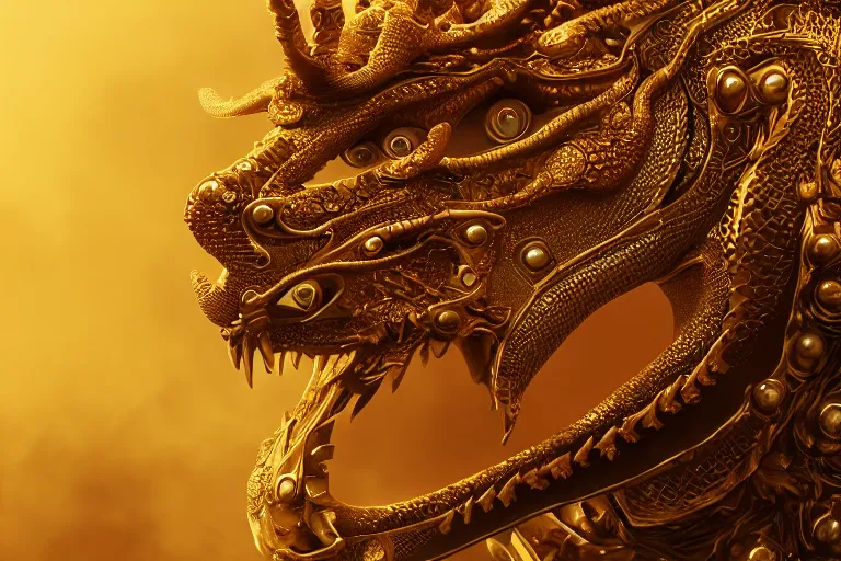 Prompt: cinematic closeup portrait of a golden dragon intricately decorated with jewels, sandstorm, detailed textures, dramatic lighting, unreal engine, cgsociety, artstation, 4k