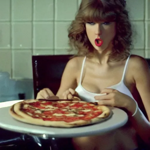 Prompt: film still of feedee Taylor Swift eating an entire pizza by herself with her big bloated belly on display