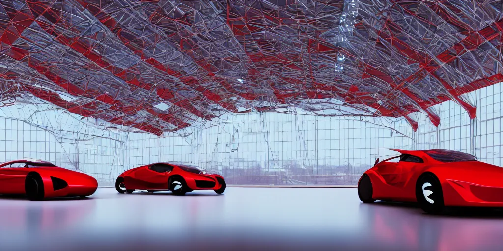 Image similar to kama russian electrocar, inside futuristic hangar, red car, sharp focus, ultra realistic, ultra high pixel detail, cinematic, intricate, cinematic light, unreal engine 8 k