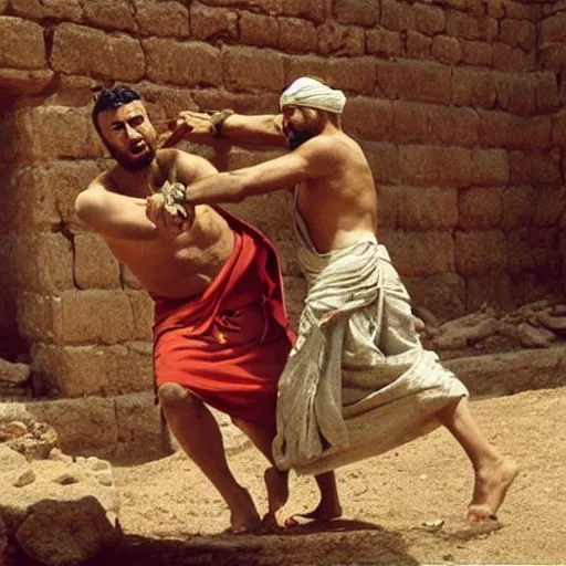 Image similar to cinematic still of angered middle eastern skinned man in ancient Canaanite clothing stabbing another middle eastern skinned man in ancient Canaanite clothing, Biblical epic by Christopher Nolan