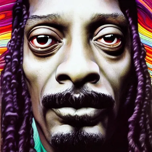 Image similar to colour masterpiece surreal closeup portrait photography of snoop dogg by miho hirano and annie leibovitz and michael cheval, psychedelic smoke background by kilian eng and roger dean and salvador dali and beksinski, 8 k