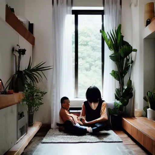 Image similar to cozy asian home, ambient, moody, couple, tiny