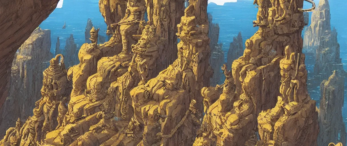 Image similar to A beautiful illustration of anthropomorphic Feline warriors statues carved in cliffsides by Robert McCall and Ralph McQuarrie | sparth:.1 | Graphic Novel, Visual Novel, Colored Pencil, Comic Book:.2 | unreal engine:.5 | viewed from below | establishing shot
