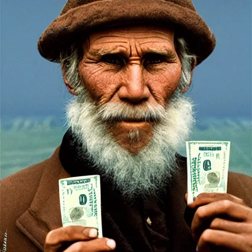 Image similar to portrait of Leo Tolstoy holding a pack of dollars, by Steve McCurry, clean, detailed, award winning