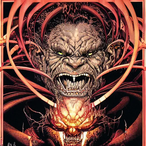 Image similar to portrait of crazy balrog, ymmetrical, by yoichi hatakenaka, masamune shirow, josan gonzales and dan mumford, ayami kojima, takato yamamoto, barclay shaw, karol bak, yukito kishiro