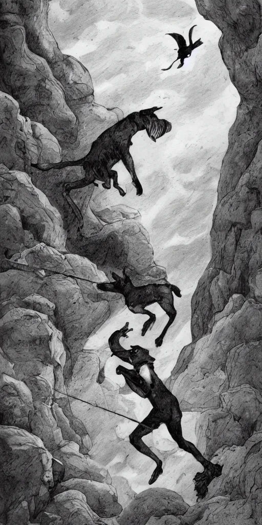 Image similar to The Fool tarot illustration, matte painting, black and white, small dog chasing after him, cliffs