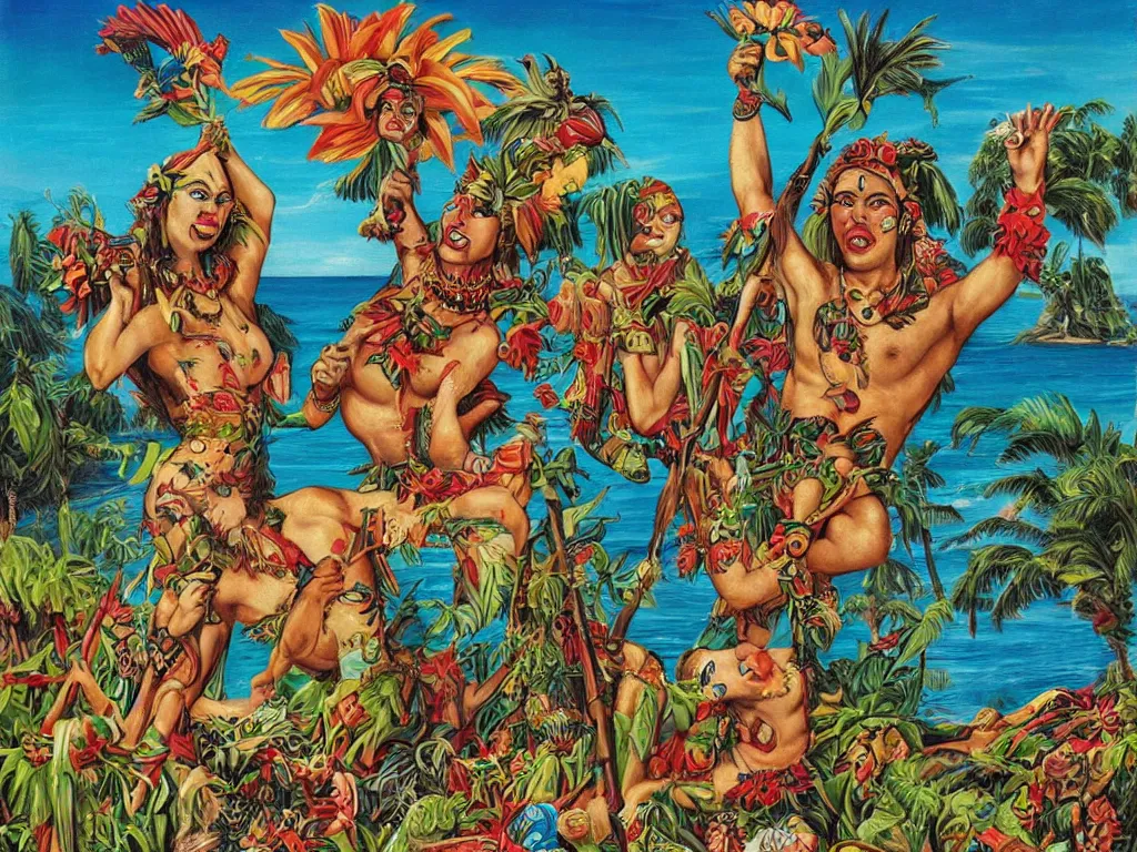 Image similar to island paradise, pagan gods, tiki lowbrow art