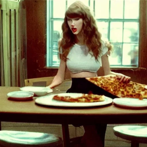 Image similar to film still of feedee Taylor Swift eating an entire pizza by herself with her big bloated belly on display