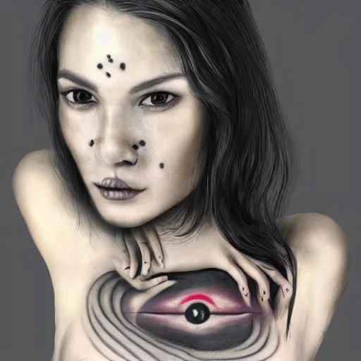 Image similar to Hot young woman, grey skin, void eyeballs, tattoos, hugging someone to her chest concept art, 8k