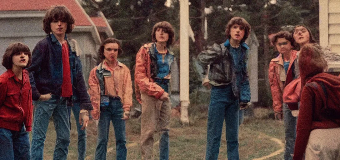 Image similar to stranger things cast Zoomed cropped closeup of unexpected voyeuristic eye contact with neighbor in window, Technicolor, telephoto lens, vintage photograph