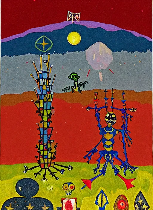 Image similar to pixel decollage painting tarot lovers card composition tower of babel road red armor maggot bear and wonky alien frog skeleton knight on a horse in a dark red cloudy night sky with golden foil jewish stars and diamonds, mountain lake and blossoming field in background, painted by Mark Rothko, Helen Frankenthaler, Danny Fox and Hilma af Klint, pixelated, neo expressionism, semi naive, pastel colors, cinematic, color field painting, cave painting, voxel, pop art look, outsider art, minimalistic. Bill Traylor painting, part by Philip Guston, Amano and Francis Bacon. art by Adrian Ghenie and Storm Thorgerson, very coherent symmetrical artwork, cinematic, hyper realism, high detail, octane render, unreal engine, Smooth gradients, depth of field, full body character drawing, extremely detailed, 8k, extreme detail, intricate detail, masterpiece