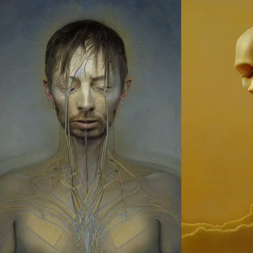 Image similar to Portrait Masterpiece, Thom Yorke, yellow, golden halo behind her head, wires everywhere, by Edgar Maxence and Ross Tran, Zdzisław Beksiński, and Michael Whelan, distant, gustav dore, H.R. Giger, 8k, octane render