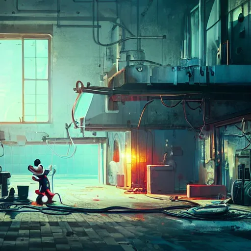 Image similar to mechanics fixing bloody mickey mouse head, mechanic facility, made by beeple, cgsociety, artgerm, greg rutkowski, highly detailed intricate 4 k art, low light cinematic, octane render, unreal engine,