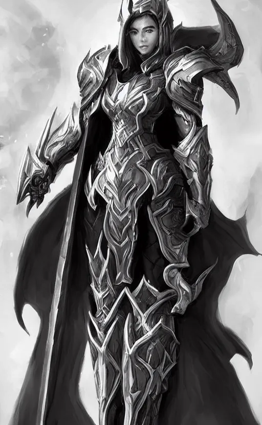 Prompt: Character Concept art of a female in white and black knight dragon armor. By artstation trending, cgsociety. Highly detailed
