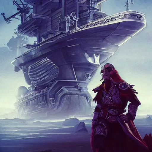 Image similar to “A portrait of a space pirate with his ship in the background, D&D sci-fi, artstation, concept art, highly detailed illustration.”